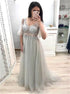 V Neck Short Sleeves Gray Tulle Prom Dresses LBQ0744